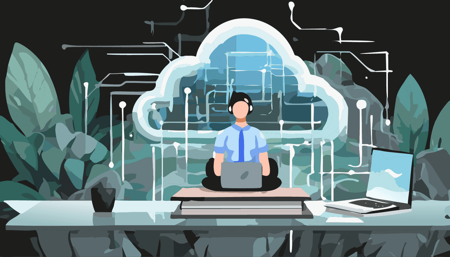 Engineer meditating with a laptop, surrounded by digital cloud graphics. Ideal for content on cloud-native technologies, digital transformation, and mindful tech practices.