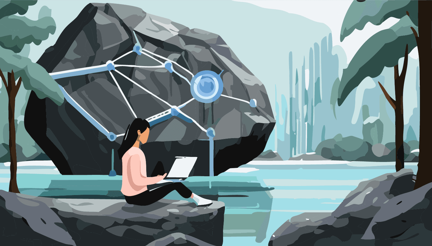 Engineer working on a laptop outdoors, with a large rock networked by nodes. Ideal for content on interconnected systems, network engineering, and remote work.