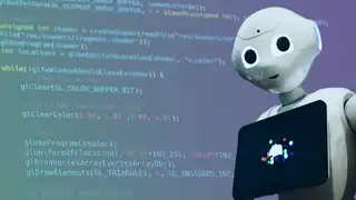 Robot with a tablet displaying a cloud icon, with code in the background. Ideal for content on AI-powered cloud computing, self-aware systems, and futuristic technology.