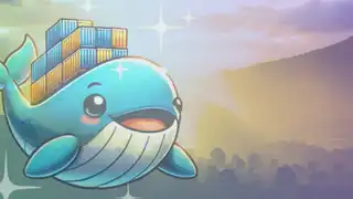 A cheerful Docker whale with a stack of containers on its back, radiating golden light and sparkles. Text reads 'Kubernetes Golden Signals' against a scenic background.