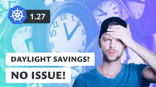 Man confused by clocks with text 'Daylight Savings? No Issue!' featuring Kubernetes 1.27. Ideal for content on Kubernetes updates, time management, and seamless transitions.