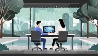 Two professionals having a meeting in a modern office with large windows, greenery, and rain outside. Perfect for illustrating business discussions and productive workspaces.