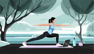 Woman practicing yoga outdoors with a laptop, surrounded by nature. Ideal for content on fitness, remote exercise classes, and wellness in serene environments.
