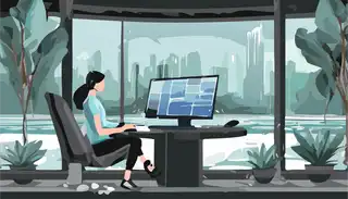 Professional woman working on a computer with a modern cityscape view, surrounded by greenery. Ideal for illustrating remote work, productivity, and serene office environments.