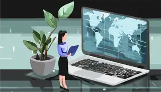 Professional woman using a laptop with a world map display, symbolising global platform engineering. Ideal for content on platform development, scalability, and innovation.