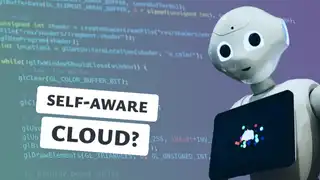 Robot with a tablet displaying a cloud icon, with code in the background. Ideal for content on AI-powered cloud computing, self-aware systems, and futuristic technology.