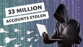 Hacker in a hoodie with a laptop, background of keys and code, text '33 Million Accounts Stolen.' Ideal for content on cybersecurity breaches, data theft, and online security.