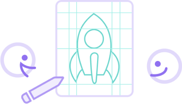 Illustration of two characters collaborating on designing software, featuring a rocket blueprint and a pencil, symbolising creativity and teamwork in building innovative solutions.