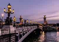 Pont Alexandre III emblématique à Paris au crépuscule, avec ses lampadaires ornés, ses statues dorées et une vue magnifique sur la Seine, reflétant l'élégance de l'architecture française.