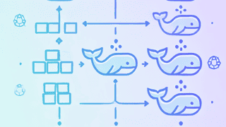 A simplified CI/CD pipeline using Docker whale icons to depict various stages of the development process. Arrows indicate the flow between stages in a minimalistic design.