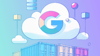 This image features a Google Cloud logo above colourful Kubernetes containers, representing cloud infrastructure with a minimalist tech theme and light geometric shapes in the background.