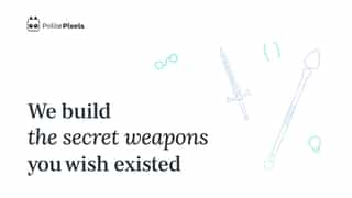 PolitePixels banner featuring the text 'We build the secret weapons you wish existed,' with creative icons of a sword, staff and lightbulb symbolising innovation and powerful tools.