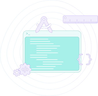 Illustration representing application development, featuring a coding interface, gears and design tools like a compass and ruler, symbolising precision, innovation and functionality in software creation.