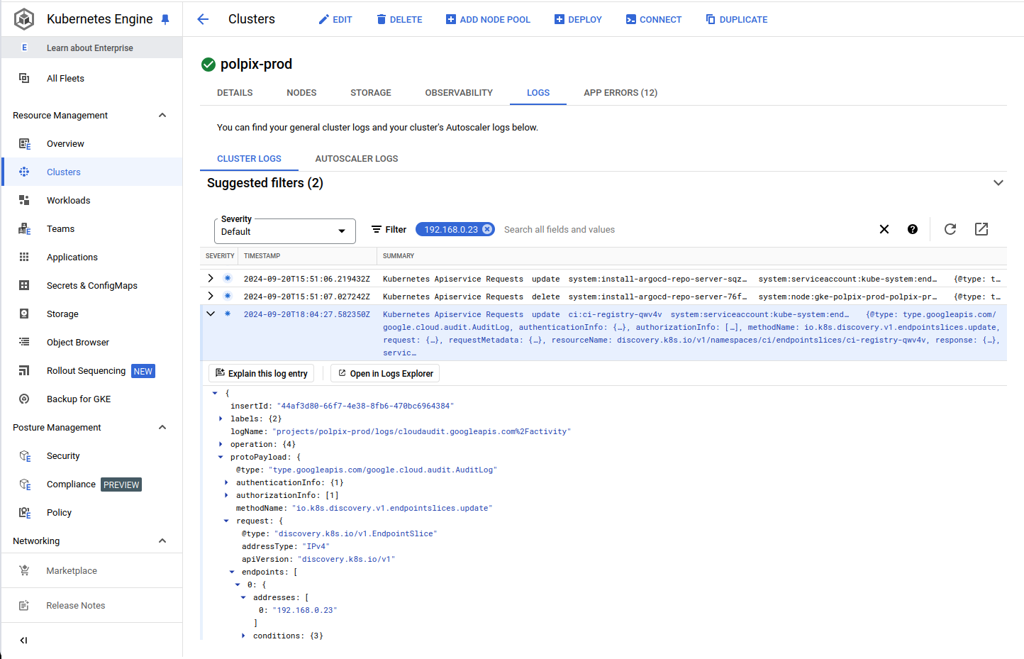 Track Kubernetes cluster API service requests with GKE audit logs, including endpoint updates, IP changes, and resource management for enhanced observability and network security.