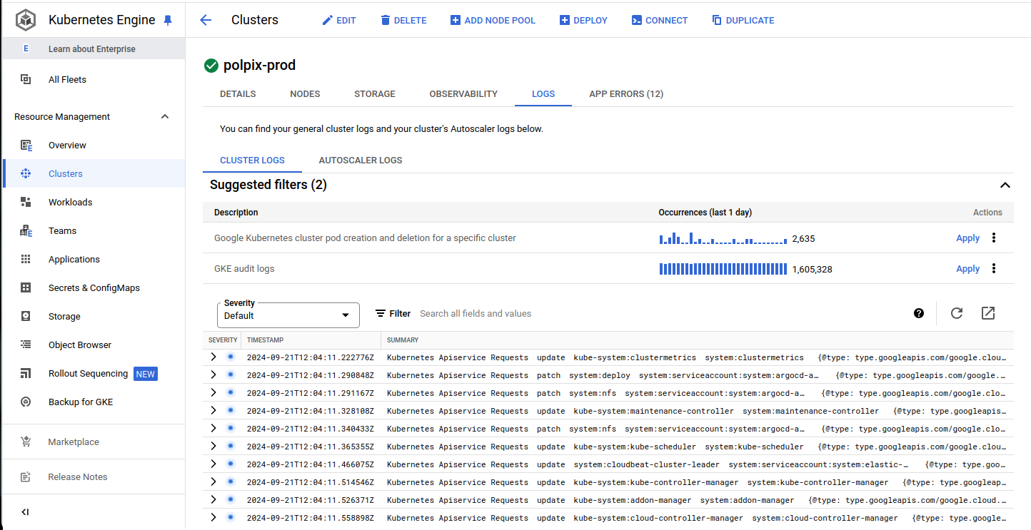 Monitor Kubernetes cluster activity with detailed GKE audit logs, tracking API service requests, pod creation, and system updates for enhanced observability and security compliance.